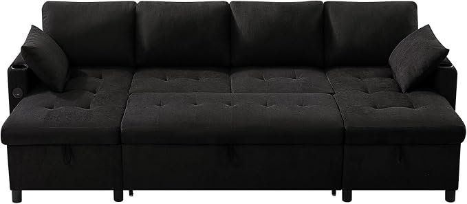 110" Fabric Pull-Out Couch Bed w/Adjustable Backrests, Black | Sectional Sleeper Sofa w/USB Ports & 2 Cup Holders, Upholstered U-Shaped Couch w/Storage Chaise for Living Room, House