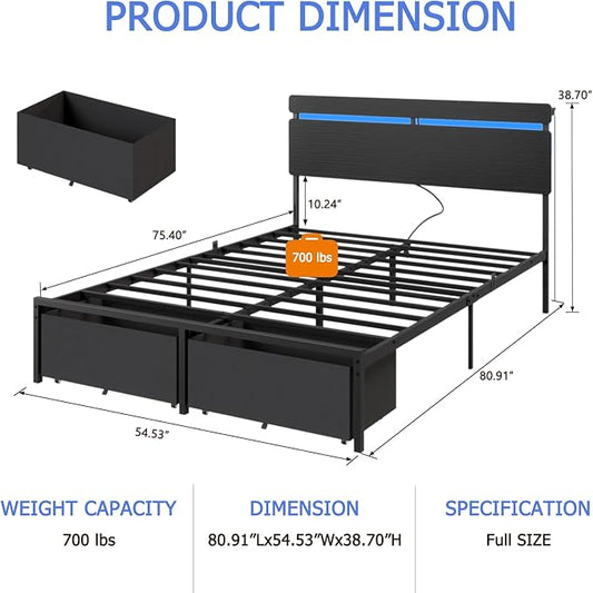 Forestell Full Size Bed Frame with Wood Headboard, Black Platform Bed with 2 Storage Drawers & Shelf, Built in Charging Station & LED Lights, Metal Support, No Box Spring Needed, Camas Full