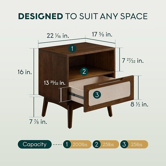 Bme Calista Nightstand 1 Drawer – Solid Wood Chestnut Finish Bedside Table with Open Shelf & Fabric Panel Drawer, Mid-Century Modern Style with Tapered Legs, Easy Assembly