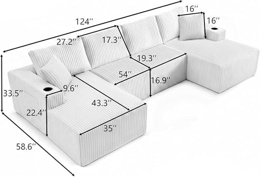 124" Modular Sectional Sleeper Sofa, Boneless Cloud Couch for Living Room, U Shaped 5 Seat Sofa with 2 Storage Pockets& 2 Cup Holders, Free Combination, No Assembly Required