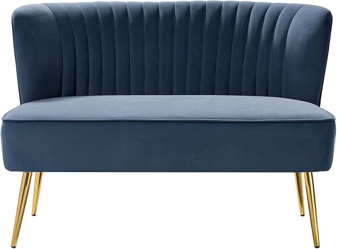 TINA'S HOME Mid-Century Velvet Loveseat Sofa, Upholstered Loveseat Couch with Golden Metal Legs, Small Tufted 2-Seat Sofa Armless Love Seat for Living Room Bedroom, Slate Blue
