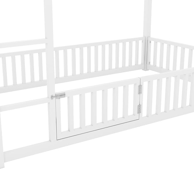 RuiSiSi Metal Bunk Bed Twin Over Twin, Floor House Bunk Bed with Safety Guardrails and Roof for Kids Teens, Twin Bunk Beds for Bedroom, No Box Spring Needed, White