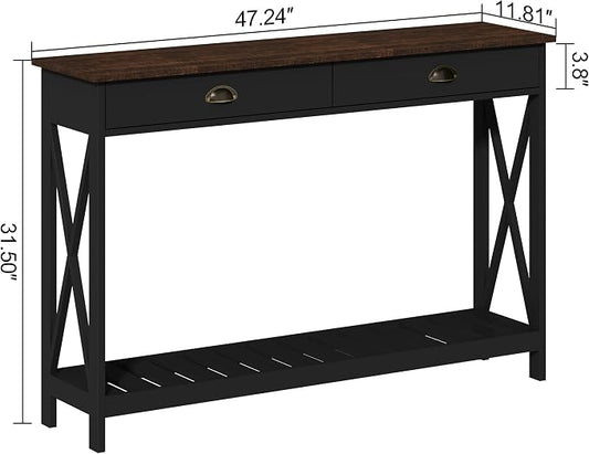 ChooChoo 47" Farmhouse Console Table with Drawer for Entryway, Narrow Long Entry Table with Shelf for Living Room, Rustic Vintage Hallway Sofa Table with Stable X Supports, Black