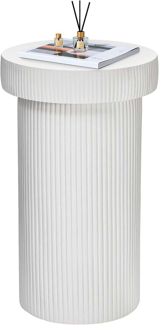 24" Pedestal Side Table, Round Fluted 3-in-1 Coffee Accent Table | Durable Lightweight Round Table, Decorative Patio Outdoor GardenStool Art for Poolside, Balcony, Living room.