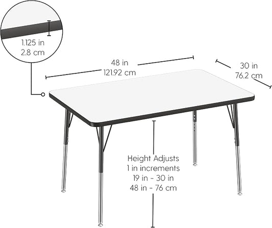 FDP Dry-Erase Rectangle Activity School and Office Table (30 x 48 inch), Standard Legs with Swivel Glides, Adjustable Height 19-30 inches; Quick Ship Single Box - Whiteboard Top and Black Edge