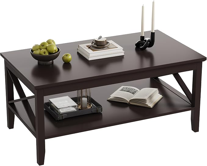 ChooChoo Coffee Table with Thicker Legs, Brown Wood Coffee Table with Storage for Living Room, 47 inch