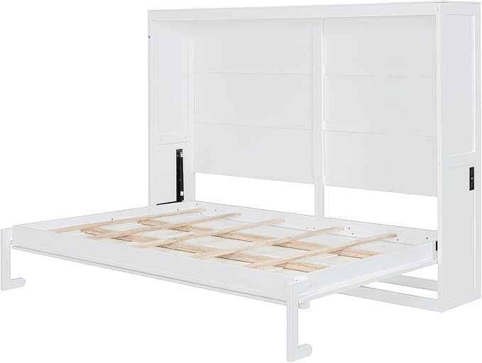 Ball & Cast Full Size Wall Cabinets Murphy Bed with Charging Station and Slat Support,Wood Hideaway Cabinet Platform Beds w/Leg & Lock,can be Folded,Space-Saving,for Small Room,Dorms,White