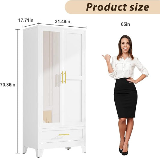 Metal Wardrobe Storage Cabinet with Mirror and Hanging Rod,71'' Metal Clothing Cabinet with 2 Doors and Drawer for Bedroom, Laundry Room, Cloak Room (White)
