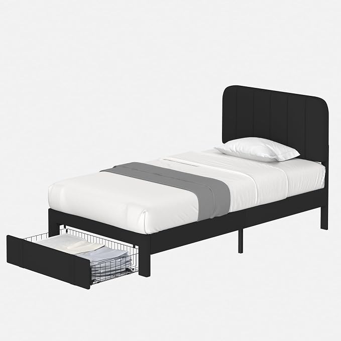 VECELO Twin Size Upholstered Bed Frame with Drawer and Headboard, Velvet Platform Storage Bedframe, Wooden Slats Support, No Box Spring Needed,Black