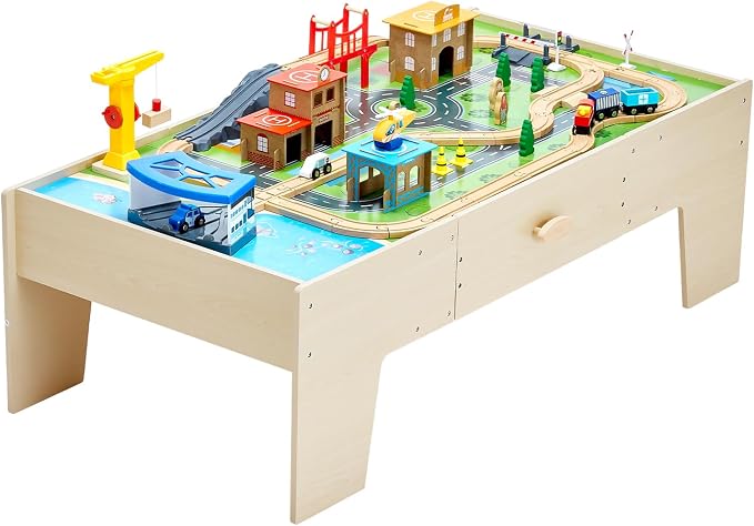 VEVOR Train Table, 62 Multicolor Pieces Wooden Kids Activity Table with Large Storage Drawer, 3-in-1 Wooden Train Set for Playing, Drawing, Reading, Eating, Creative Toy Set for Kids Ages 3+