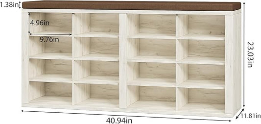 Shoe Rack Bench, Shoe Storage Bench with Cushion, Shoe Organizer 16 Cubbies for Entryway Hallway Bedroom Living Room, Holds Up to 400lbs
