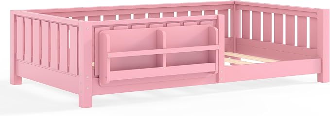 Bellemave Twin Size Floor Bed with high Rails and with Built-in Bookshelf for Kids, Girls, Boys, Wood Montessori Floor Bed Without Door, Pink