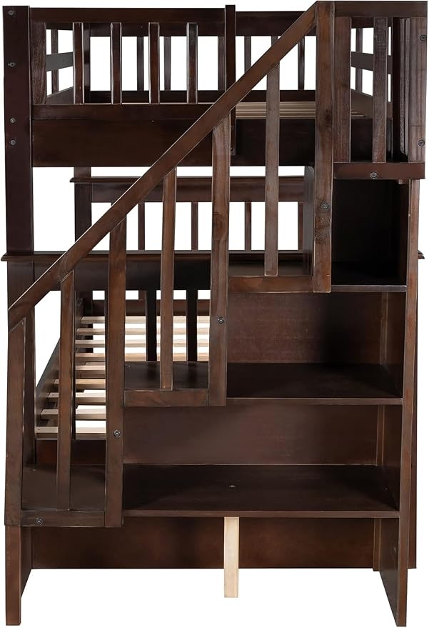 MERITLINE Twin Over Twin Bunk Bed with Storage Staircase, Solid Wood Stairway Convertible Bunk Bed with Stairs (Twin Over Twin,Espresso)