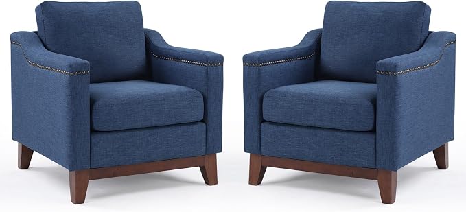 HAOMARKETS Vintage Upholstered Armchair Set of 2 with Nailhead Trim and Solid Wood Legs, Comfortable Accent Chair for Living Room & Bedroom, Blue