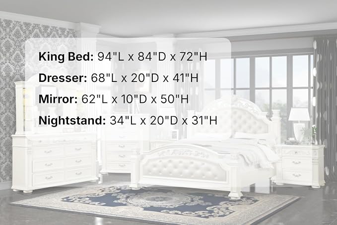 First of a Kind Platinum Traditional 5 Piece King Bedroom Set with Upholstered Tufted Headboard Elegant European Inspired Design Coordinated Furniture Collection, White