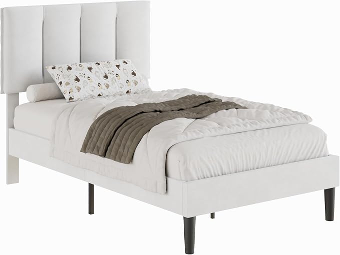 VECELO Twin Size Bed Frame with Upholstered Headboard, Heavy-Duty Bedframe with Wooden Slats & Steel Framework, Easy Assembly, Pure White