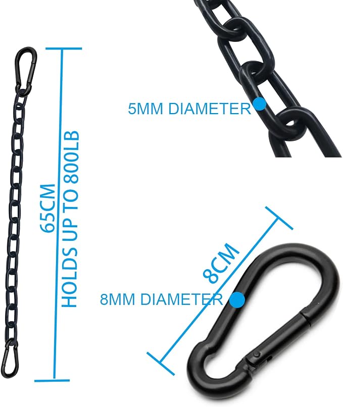 2Pcs Black Heavy Duty Hanging Chains with 4 Carabiners, Chair Hardware for Indoor Outdoor Playground Hammock Punching Bags 800 LB Capacity Small Chain Double Clips (Black Metal-1 PCS)