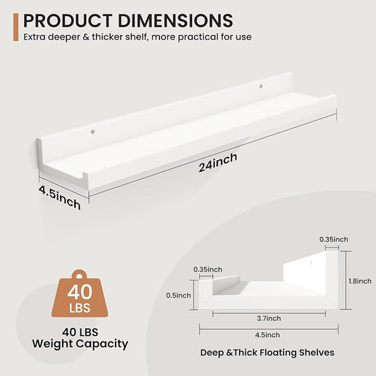 Fun Memories Picture Ledge Shelves Set of 2, 24 Inch Rustic Wall Mounted Floating Shelves with Lip for Home Storage and Décor in Bathroom, Kitchen, Nursery, Bedroom, Living Room, White