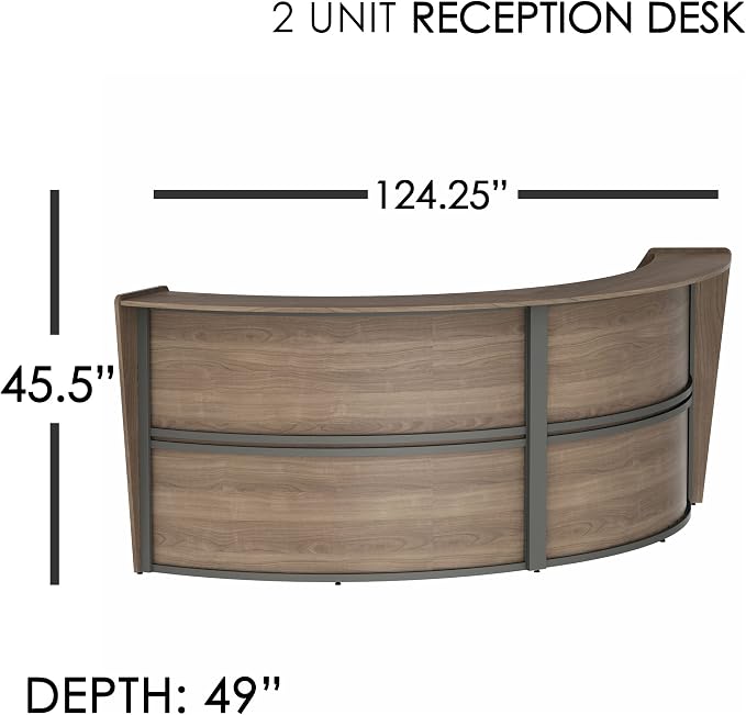 Linea Italia Curved Modern Office Desk Easy to Assembly 2 Panel Reception Counter for Lobby, Salon, 124" x 49", Walnut