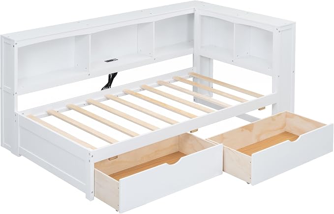 Bellemave Twin Corner Bed Frame with USB Ports, Wood Twin Size Daybed with L-Shaped Bookcase and 2 Drawers,Daybed with Storage Cabinets, White