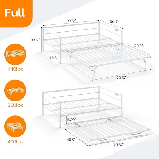 VINGLI White Full Daybed with Pop Up Trundle, Metal Sofa Day Bed Frame with LED Lights and Charging Station, Platform Bed with Trundle Bed Twin, Sturdy Steel Slats Support
