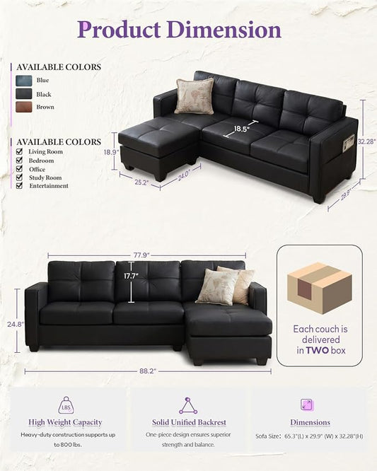 TYBOATLE Black Sectional Couches w/Side Pockets for Living Room, Comfy Faux Leather Modular Convertible L Shaped Sofas with USB & Ottoman, Leather Sectional for RV Apartment Office
