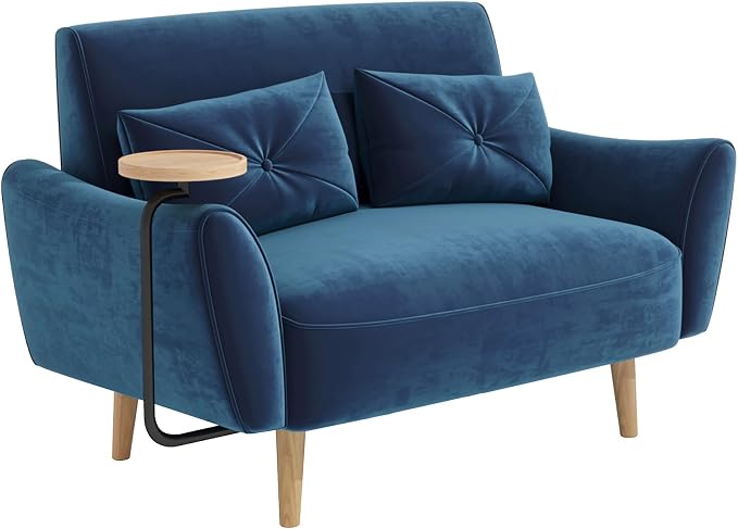 Brelice Loveseat Sofa, 47" Velvet Couch for Bedroom, Convertible Wooden Tray & Ergonomic Armrest, for Small Space, Apartment, Living Room, Home Office, Easy Assembly, Blue