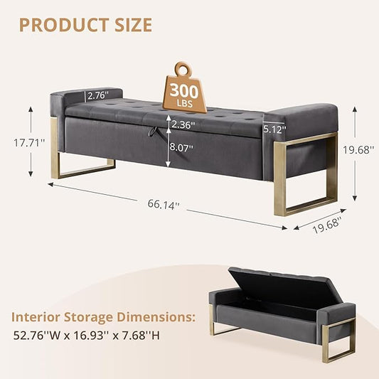 End of Bed Storage Bench, 67'' Benches for Bedroom Foot of Bed King Size, Upholstered Velvet Tufted Storage Ottoman Bench with Gold Legs for Window Living Room Entryway, Grey