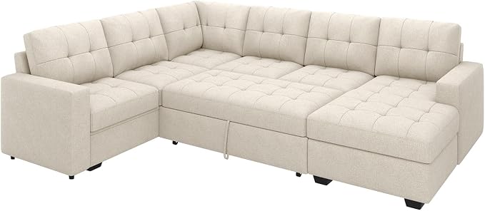 HONBAY Modular Sectional Sleeper Sofa with Pull Out Bed, U Shaped Sleeper Couches with Storage Chaise, 114'' Sleeper Sectional Sofas for Living Room, Apartment (Beige)