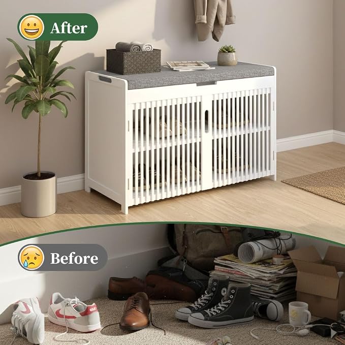 APRTAT Bamboo Shoe Storage Bench with Padded Cushion, 3-Tier Shoe Rack Organizer with 2 Ventilated Grille Doors for Entryway, Bedroom, Bathroom (White, Large)