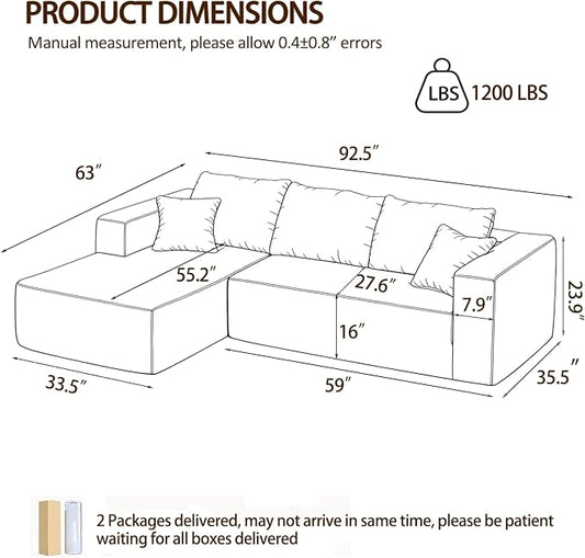 92.5" Modular Sectional Sofa, L-Shape 3 Seat Memory Foam Boneless Couch for Living Room, Cloud Couch with Oversized Chaise, No Need Assembly - Brown(Left Facing Chaise)