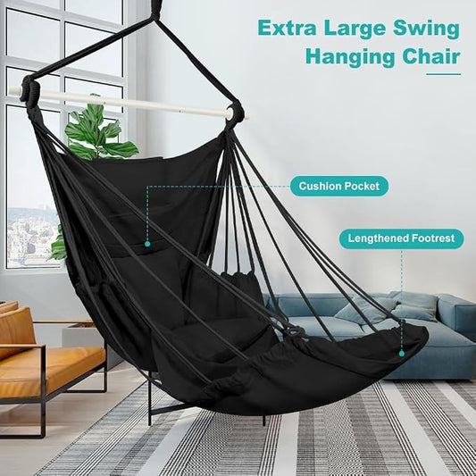 Outerman Hammock Chair, Hanging Chair with 3 Cushions and Foot Rest Support, Durable Metal Spreader Bar Max 500Lbs, Swing Chair for Bedroom, Indoor & Outdoor, Patio, Porch or Tree(Black)…