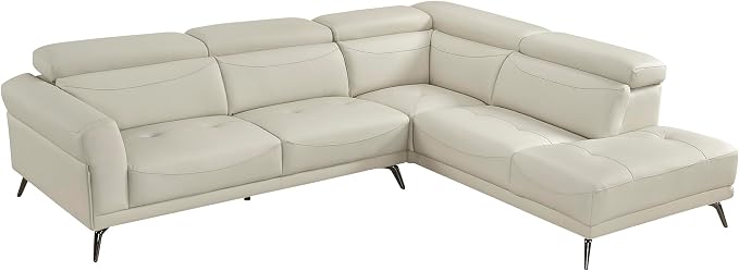 Lexicon L-Shaped Sectional Couch with Right Chaise, Top Grain Leather Match Sectional Sofa, Adjustable Headrests, Black Chrome Metal Legs, High-Density Cushions, Stitching, for Living Room, Beige