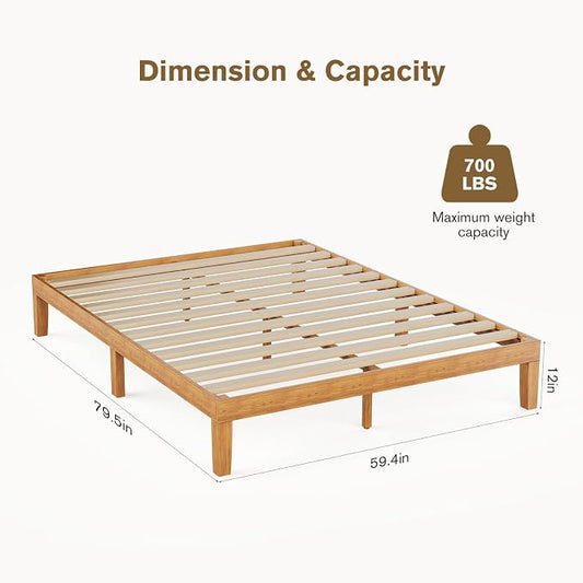 Sweetcrispy Queen Size Bed Frame 12 inch Heavy Duty Platform Bedframe, 1000 lbs Capacity, Underbed Storage, No Box Spring Needed, Wooden Slats, Easy Assembly with Velcro, Honey Finish