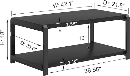 EXCEFUR Black Coffee Table, Modern Rustic Wood Center Table for Living Room, Industrial Rectangle Cocktail Tea Table with Storage Shelf