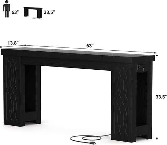 Cyclysio 63" Console Table with Outlet, Farmhouse Entryway Table with Colorful LED Lights, Wooden Sofa Table with Unique Carved Design, Foyer Accent Table for Entrance, Hallway, Living Room