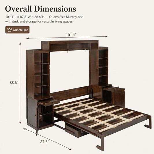 Queen Murphy Bed with Desk, Wall Bed Cabinet with Storage Shelves, Enclosed Cabinets and Hidden Foldout Workstation, Folding Cabinet Bed, Space Saving Bed for Guest Room, Home Office (Dark Brown)