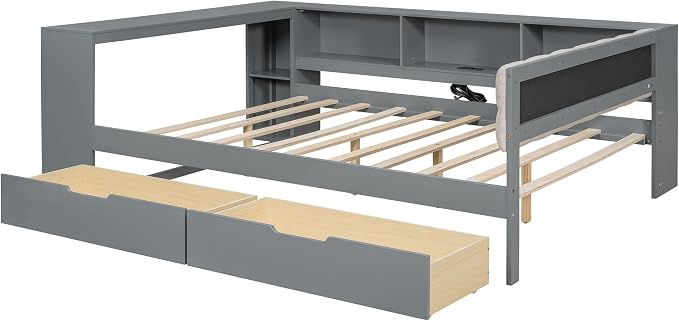 Bellemave Full Corner Bed Frame with Storage Shelves and Desk, Wood Full SizeDaybed with Bookcase and Drawers and Upholstered Headboard, Gray