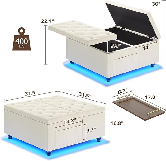 Dnxao Large Ottoman with Storage,Lift Top Coffee Table 31.5" Square Upholstered Tufted Footrest with LED Lights, Charging Station,2 Side Pockets and Removable Tray for Living Room, Beige