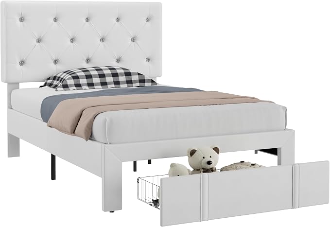 VECELO Twin Size Bed Frame with Storage Drawers, Leather Upholstered with Diamond Tufted Headboard, Solid Wood Slat Support, No Box Spring Needed, PU & White
