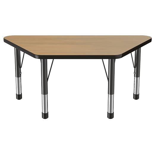 Factory Direct Partners FDP Trapezoid (24 x 48 inch) Classroom Table with Adjustable Chunky Toddler Legs (15-24 in) Preschool, Kinder and Daycare Furniture - Pasadena Oak Top/Black Edge and Legs