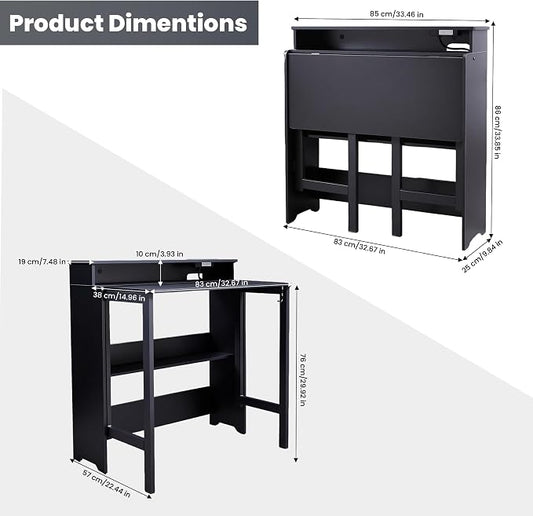 Fold Out Desk with Power Outlets, Small Foldable Table with Storage Shelf,Space-Saving Hidden Desk for Bedroom, Living Room & Office (Black)