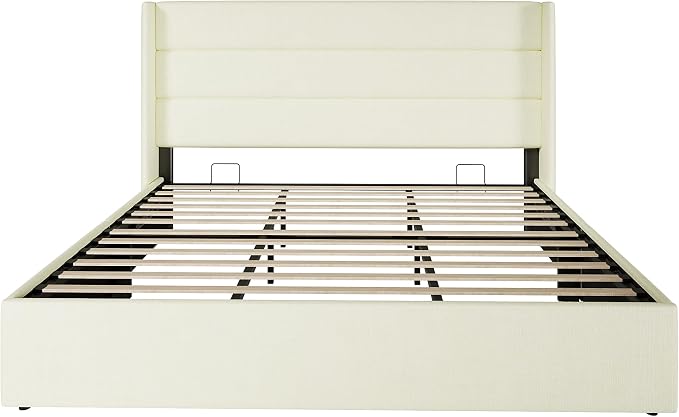 SHA CERLIN King Size Lift Up Storage Bed/Chenille Fabric Upholstered/Modern Wingback Headboard/Platform Bed Frame/Hydraulic Storage/No Box Spring Needed/Wood Slats Support/Cream