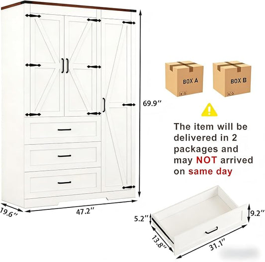 Farmhouse Wooden Armoire Storage Cabinet with Adjustable Shelves & Hanging Rod, 3 Doors Wardrobe Armoire Closet with Drawers, 70" Freestanding Clothing Storage Cabinet for Bedroom (3 door, White-1)