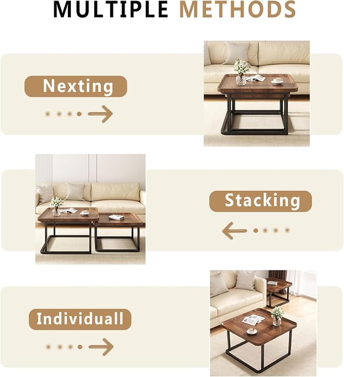 Nesting Coffee Table Set of 2, 23.6"+19.7" Nesting Tables,Small Square Coffee Table with Fluted,Center Table for Living Room Bedroom Office Balcony Yard (Walnut)