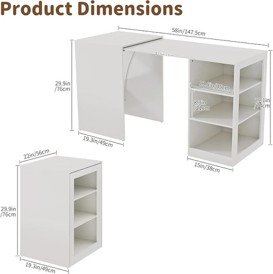 58" Office Desk with Pull Out Table on Hidden Wheels, Computer Desk with 3-Tier Open Shelves, Folding Desks for Small Spaces, as Kitchen Island, Bar(White)