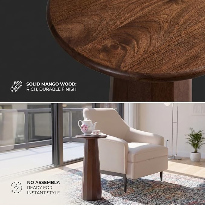 Relso Enteka Solid Mango Wood End Table – 24" Tall Accent Side Table with Walnut Finish | Handcrafted Coffee Table, No Assembly Required | Perfect for Modern Living Rooms, Farmhouses, Small Spaces
