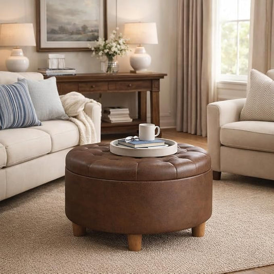 HomePop 28" Button Round Storage Ottoman - Brown Faux Leather