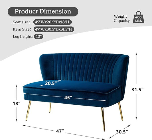TINA'S HOME Contemporary Velvet Loveseat Sofa, Upholstered Loveseat Couch with Golden Metal Legs, Small Tufted 2-Seat Sofa Armless Love Seat for Living Room, Bedroom, Apartment Small Spaces, Navy