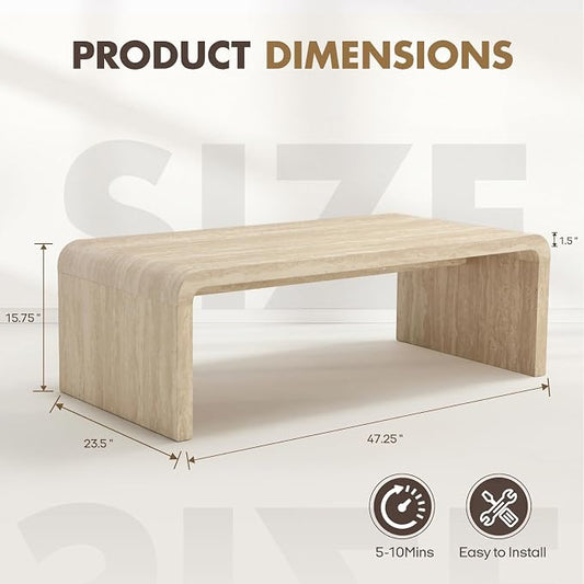 Hyfirm Modern Boho Faux Marble Coffee Table, 47" Travertine Pattern Waterfall Rectangular Center Table in a Scandinavian Style for Living Room with Sturdy Wood Frame, Thick Legs & Easy Assembly